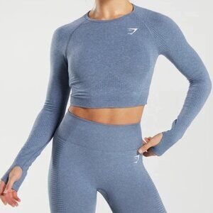 Gymshark Vital Seamless 2.0 Long Sleeve Crop Workout Top in Blue Marl - Size XS